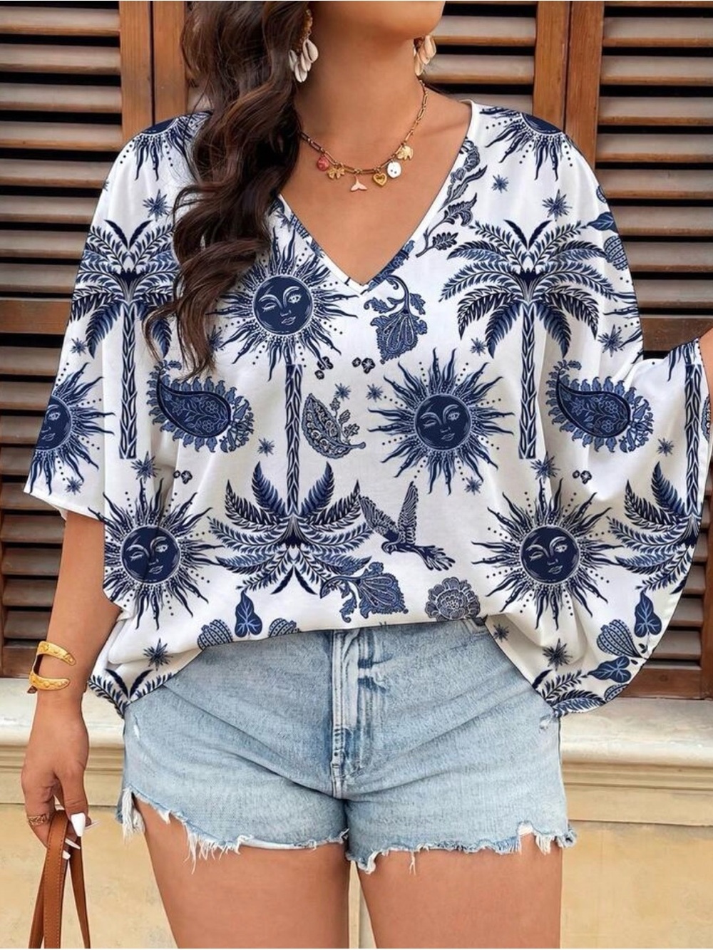 Boho V-Neck White & Navy Sun Print Blouse